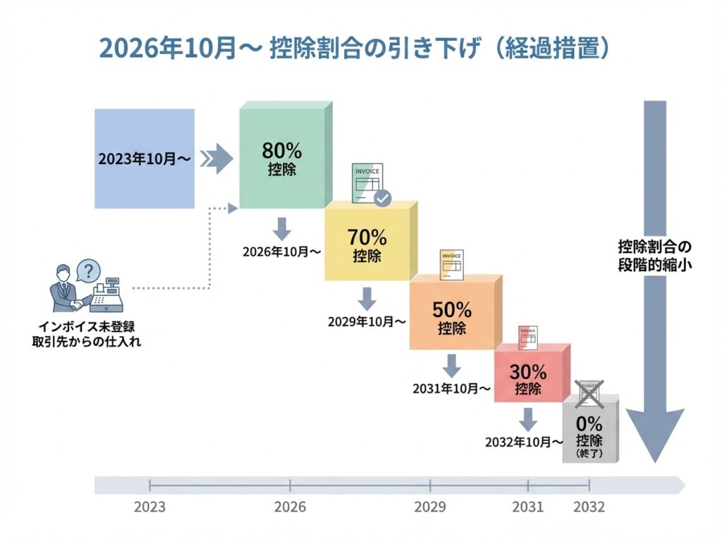 インボイス経過措置の控除割合の引き下げスケジュール