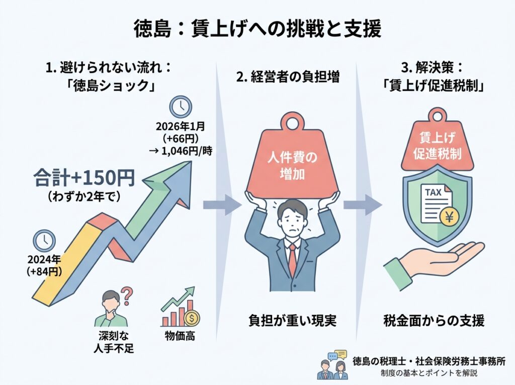 徳島の最低賃金は2年連続で大幅上昇し賃上げが避けられない時代になったことを示す図