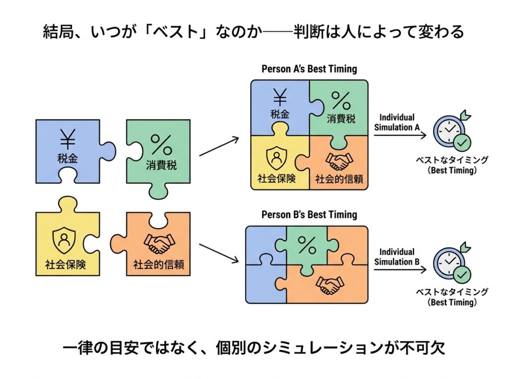 法人成りのベストタイミングは税金・消費税・社会保険・社会的信頼の組み合わせで人によって変わる