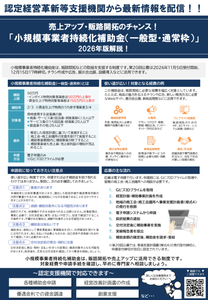 売上アップ・販路開拓のチャンス！『小規模事業者持続化補助金（一般型・通常枠）』2026年版解説！