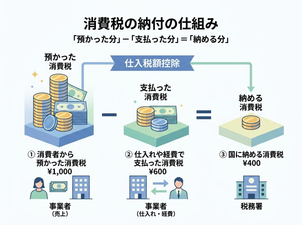 消費税は預かった消費税から支払った消費税を差し引いて納める仕組み(仕入税額控除)