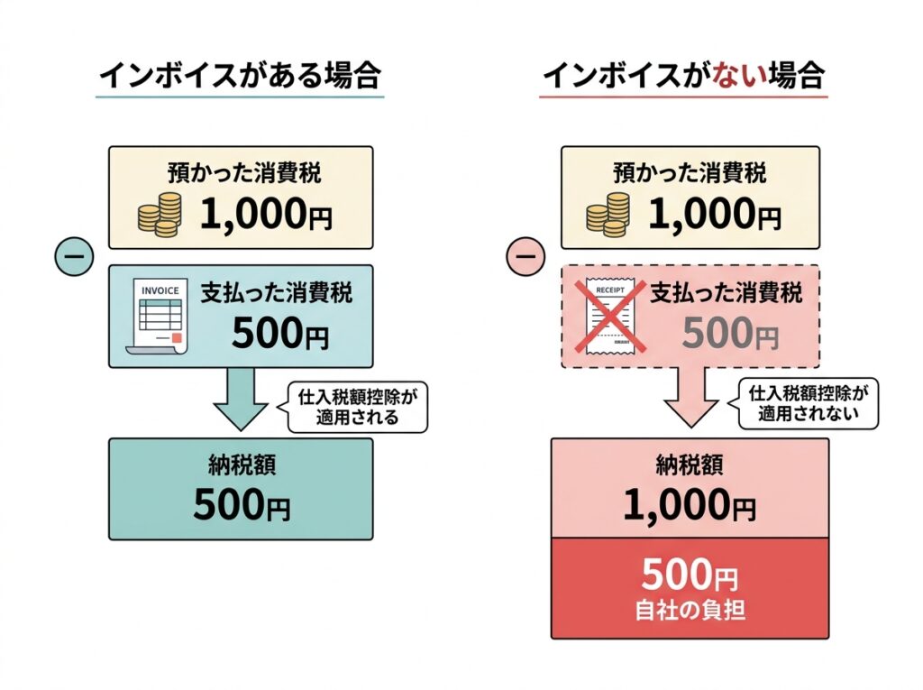 インボイスがないと支払った消費税を差し引けず、納税額が増えて自社の負担になる