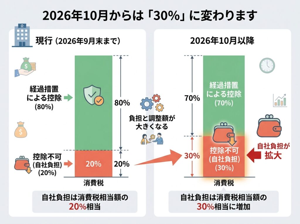 2026年10月から控除できる割合が80%から70%に下がり、自社の負担が20%から30%へ増える