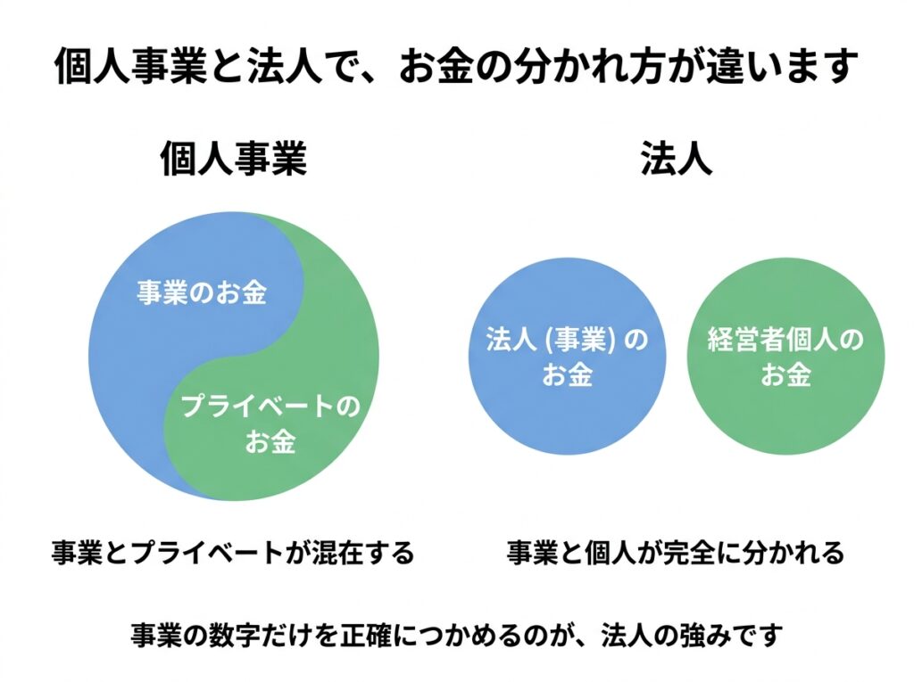 個人事業は事業とプライベートのお金が混在し、法人は完全に分かれる