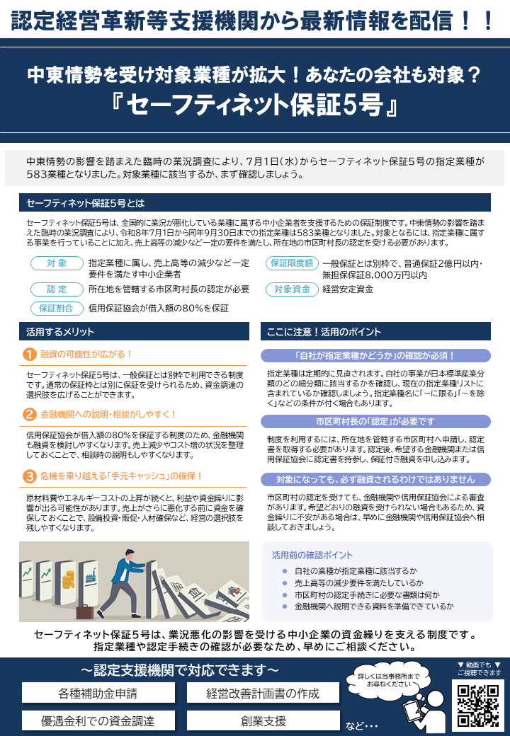 【2026年月ニュースレター】中東情勢を受け対象業種が拡大!あなたの会社も対象?『セーフティネット保証5号』