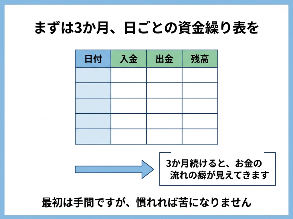 日ごとの資金繰り表を3か月続けるとお金の流れの癖が見えてくることを示す図解