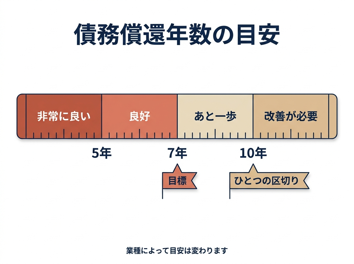 債務償還年数の目安を5年・7年・10年で区切った物差し。7年未満が目標、10年がひとつの区切り