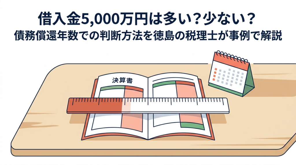決算書の上に物差しを重ね、借入金の多い少ないを返せる年数で測ることを表した徳島の税理士の解説記事のアイキャッチ