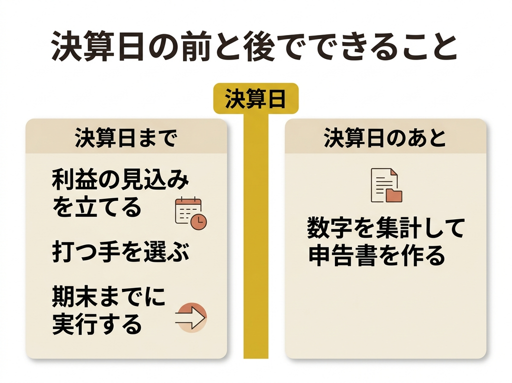 決算日の前と後でできることの違い。決算日までは打つ手を選べるが、決算日のあとは集計と申告のみ