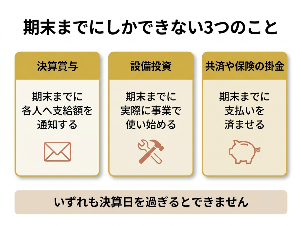 期末までにしかできない3つのこと。決算賞与の通知、設備投資の事業供用、共済の掛金の支払い