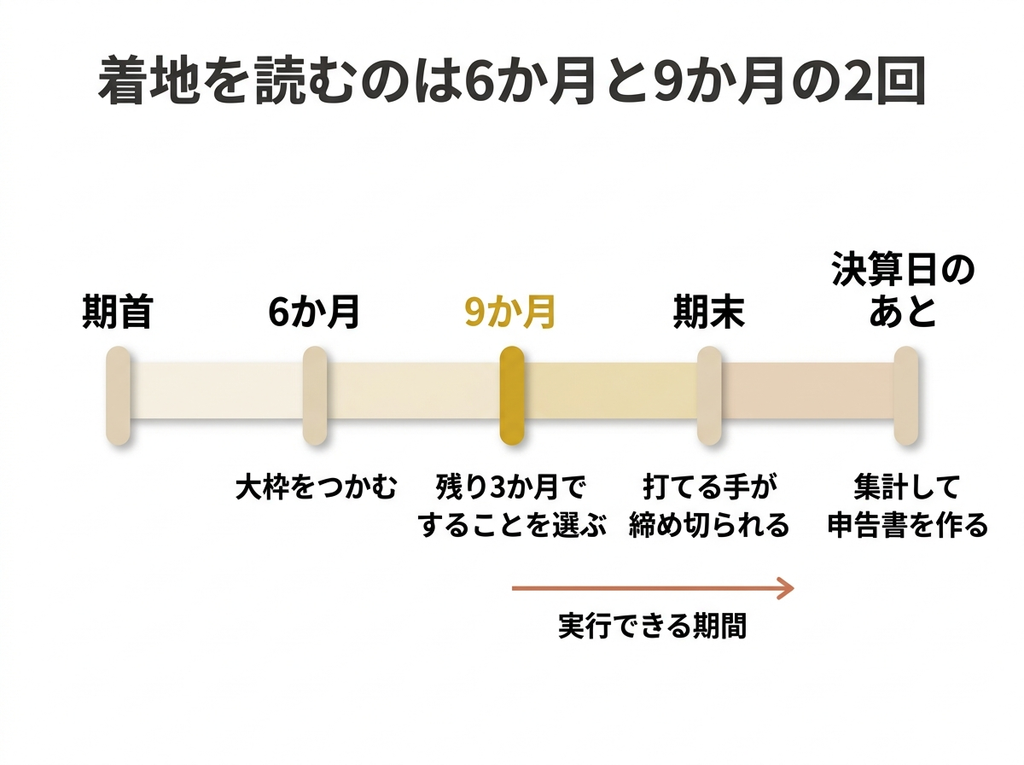 事業年度のタイムライン。6か月と9か月の時点で利益の着地を確認し、期末までに実行する