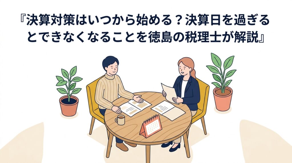 徳島の税理士が解説する決算対策の記事のアイキャッチ。相談の場面と卓上カレンダー