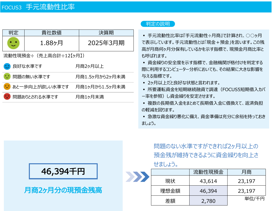 5FOCUSレポートのサンプルの手元流動性比率のページ。判定の基準と、現在の現預金と月商2か月分の理想額との差額を示したもの