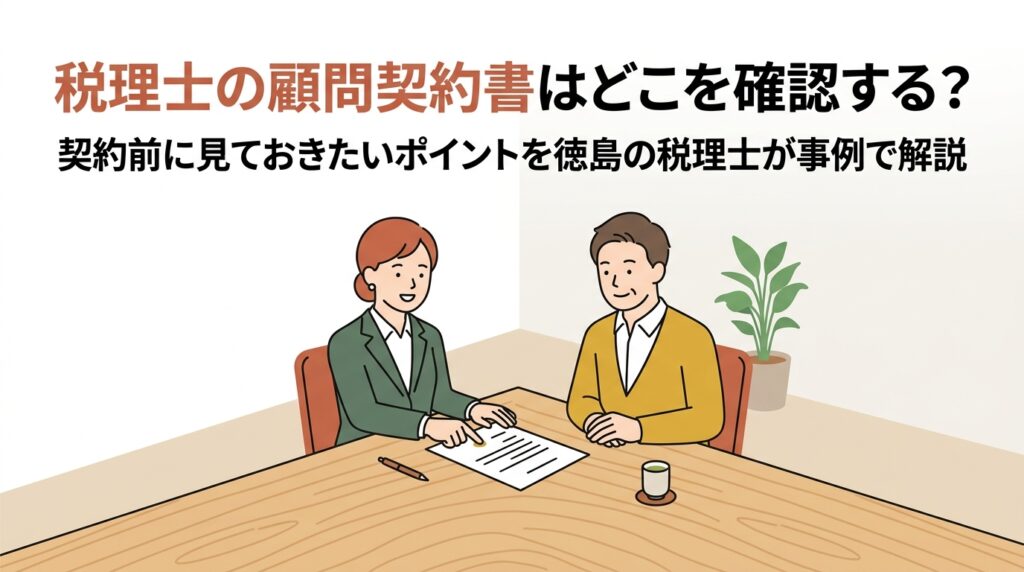 徳島の税理士事務所で、税理士と経営者が顧問契約書を一緒に確認している様子