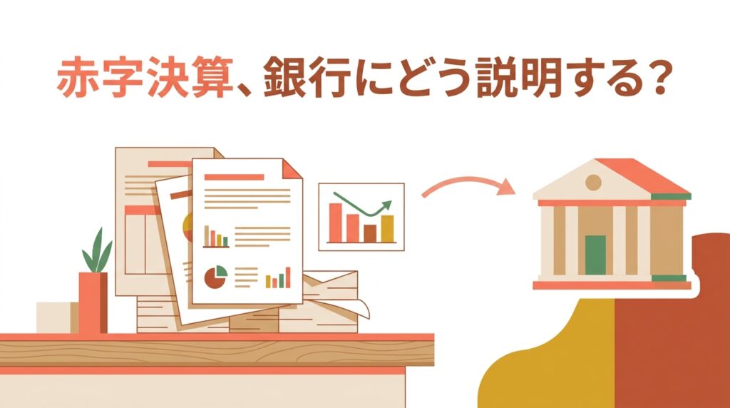 決算書と説明資料から銀行へ矢印が向かうイラストで、赤字決算のとき銀行にどう説明するかを表した徳島の税理士による解説記事のアイキャッチ