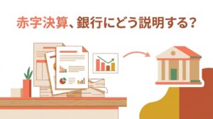 決算書と説明資料から銀行へ矢印が向かうイラストで、赤字決算のとき銀行にどう説明するかを表した徳島の税理士による解説記事のアイキャッチ