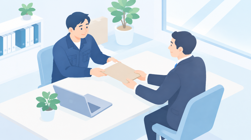 作業着の職人さんが、税理士に封筒を手渡しているイラスト