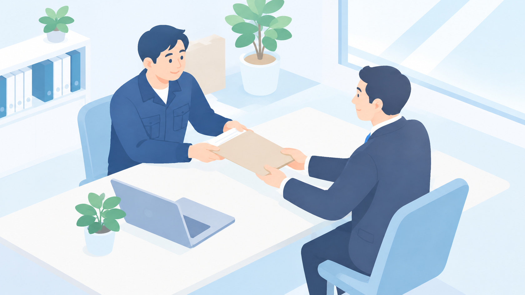 作業着の職人さんが、税理士に封筒を手渡しているイラスト