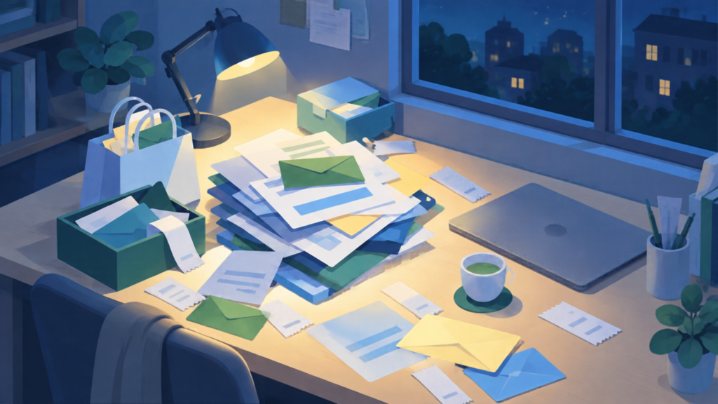 夜の机の上に、領収書や書類、封筒が積み重なっているイラスト