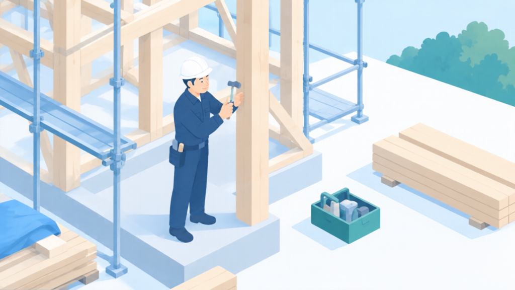 木造住宅の建築現場で、柱に向かって作業する職人さんのイラスト