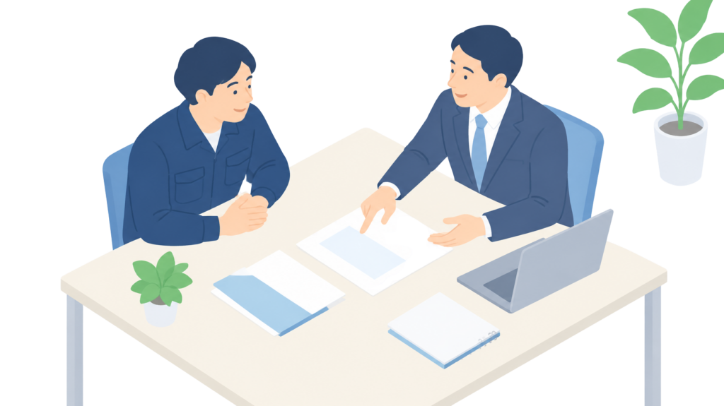 税理士から書類の説明を受け、穏やかな表情で聞く職人さんのイラスト