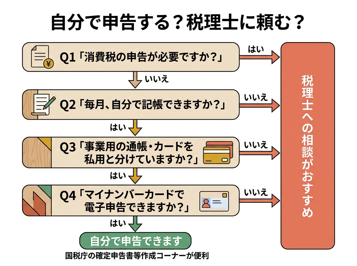 自分で確定申告するか税理士に頼むかの判断フロー。消費税の申告、毎月の記帳、通帳とカードの区分、電子申告の4つの質問で判断する